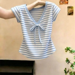 Trang phục phổ biến Màu sắc tương phản Sọc ngắn tay Áo thun nữ mùa hè Thắt nơ cổ chữ V Khí chất