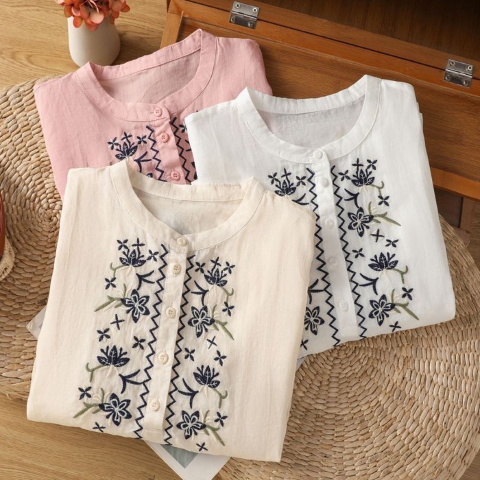 Văn Học Tay Phồng Thêu Áo Sơ Mi Cotton Và Vải Lanh Nữ Mùa Hè Dáng Rộng Giày Lười Cổ Đứng Giữa Tay Á