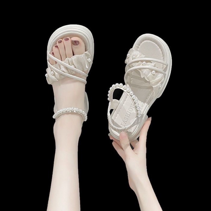 Giày Sandal Nữ Đế Dày Mùa Hè Thời Trang Đi Biển La Mã Giày Dây Ngọc Trai Kèm Váy