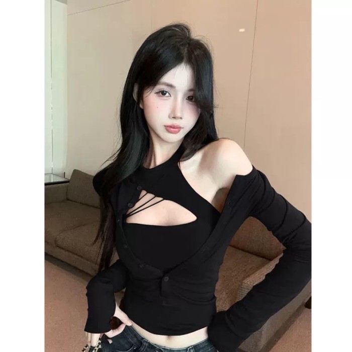 Áo thun dài tay giả hai mảnh màu đỏ nữ rỗng Slim Fit Halterneck Top ngắn màu đen
