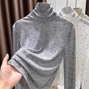 Áo thun nữ Tencel chấm bi mềm mịn, áo thun dài tay, bên trong cổ cao xếp chồng