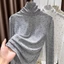 Áo thun nữ Tencel chấm bi mềm mịn, áo thun dài tay, bên trong cổ cao xếp chồng