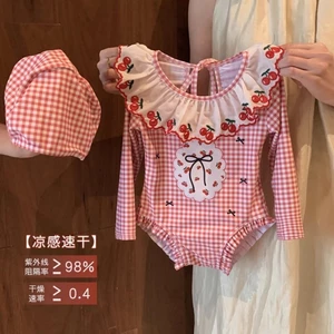 Đồ bơi một mảnh có dây buộc sọc đỏ mới dành cho bé gái