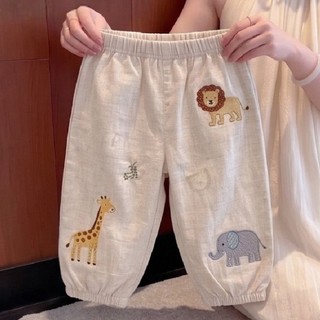 Quần dài in hình động vật hoạt hình bằng vải cotton và vải lanh chống muỗi trẻ em quần mùa hè quần