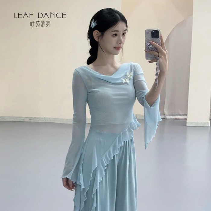 Nữ Thu Đông Khiêu Vũ Cổ Điển Quần Áo Cổ Xoay Cổ Bướm Lưới Dài Tay Trung Quốc Hiện Đại Luyện Tập