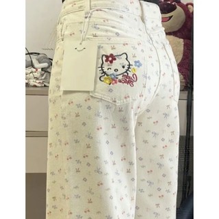 Quần Jean Trắng Thêu Mèo Kitty Cho Nữ Mùa Hè Cao Cấp Thẳng Ôm Quần Ống Rộng