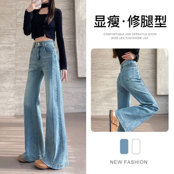 chiếc quần jeans bootcut màu xanh nhạt dành cho nữ mùa xuân thu mới lưng cao dáng rộng quần ống