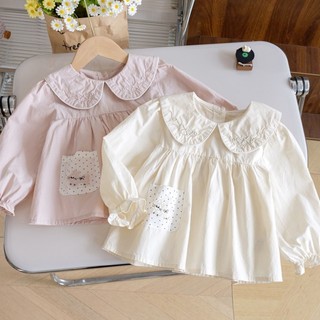 Áo sơ mi nữ phong cách Hàn Quốc cổ búp bê cotton nguyên chất áo sơ mi công chúa chấm bi cho trẻ em