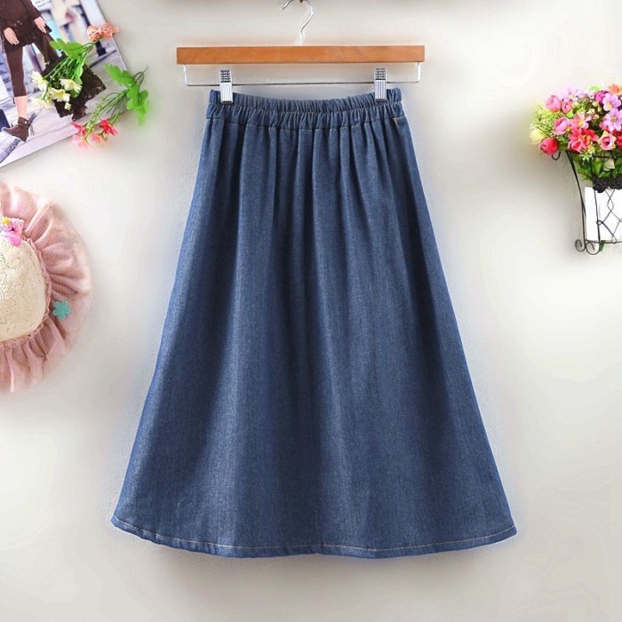 Váy Denim Mới Eo Co Giãn Thêu Chân Váy Chữ A Dài Trung Bình Váy Học Sinh
