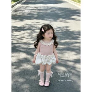 Mềm mại dễ thương phong cách bé gái mùa hè mới đầm màu hồng và trắng tương phản màu sắc cổ re