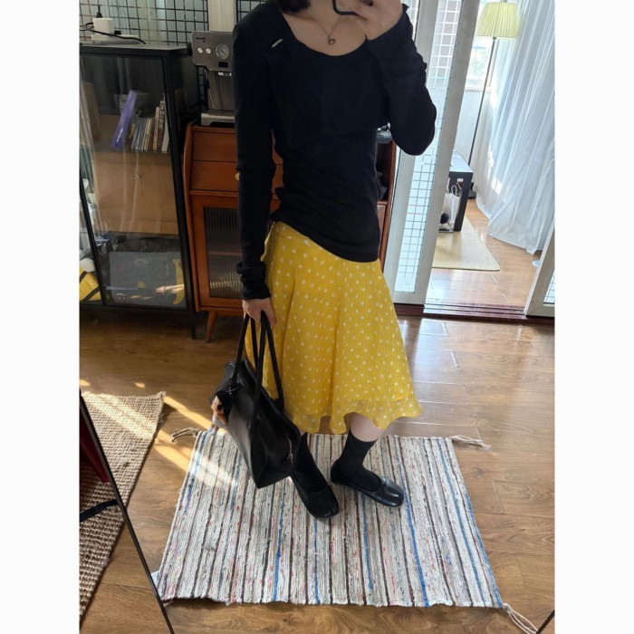 Lan ~ Nhật Bản Ngọt Ngào Màu Vàng Chấm Bi Drape Váy Nữ Xuân Hè Đơn Giản Phong Cách Preppy Mỏng Hơn Nhìn Họa Tiết Váy chữ a