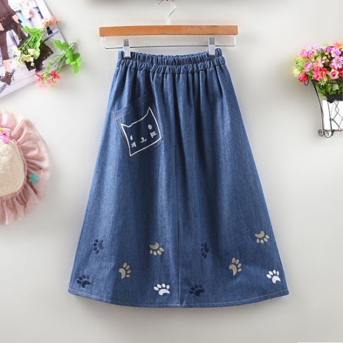 Váy Denim Mới Eo Co Giãn Thêu Chân Váy Chữ A Dài Trung Bình Váy Học Sinh