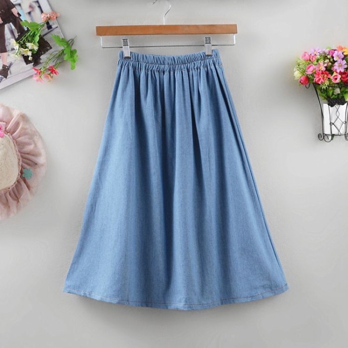Váy Denim Mới Eo Co Giãn Thêu Chân Váy Chữ A Dài Trung Bình Váy Học Sinh