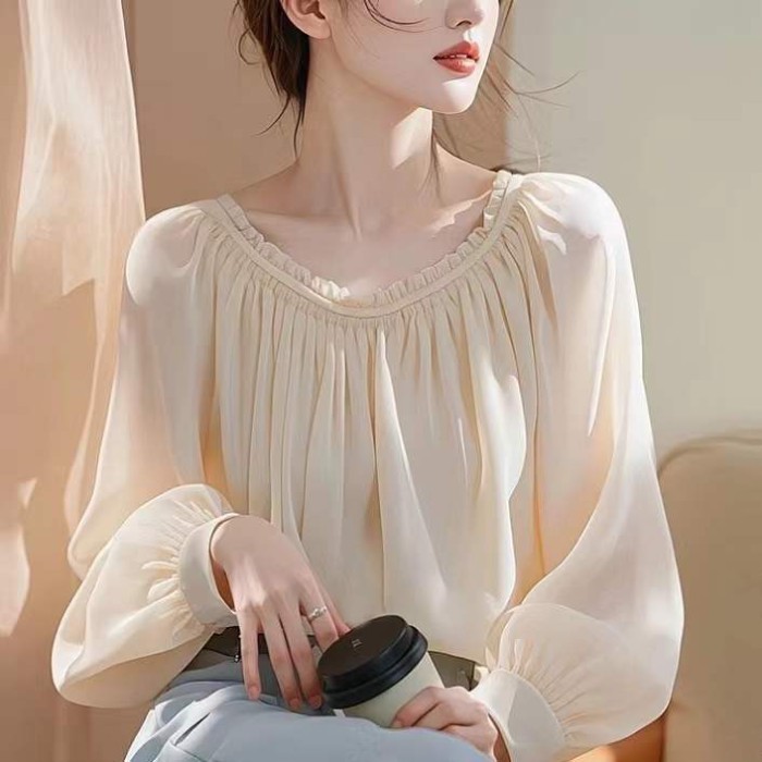 Áo sơ mi voan dài tay kiểu Pháp dành cho nữ mùa xuân mới phong cách nhẹ nhàng sang trọng cao