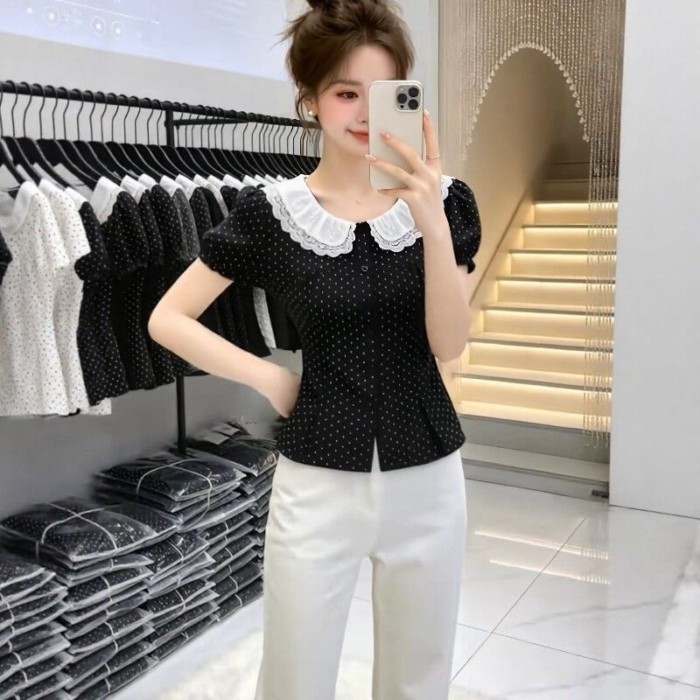 Áo sơ mi ngắn tay chấm bi màu đen dành cho nữ với kiểu dáng sang trọng kiểu Pháp độc đáo thắt