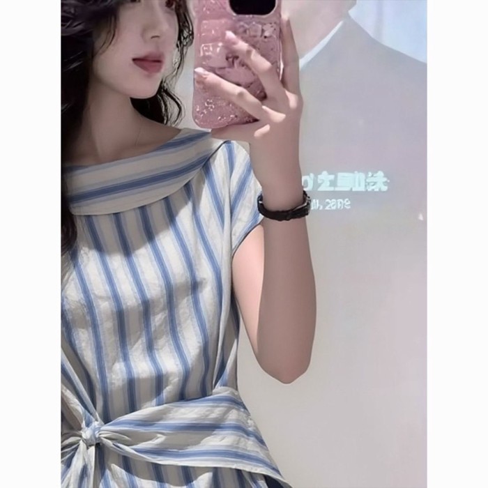 Lan ~ Mùa hè Phong cách mới Thời trang sọc buộc dây eo hẹp mỏng hơn Nhìn tất cả @ -