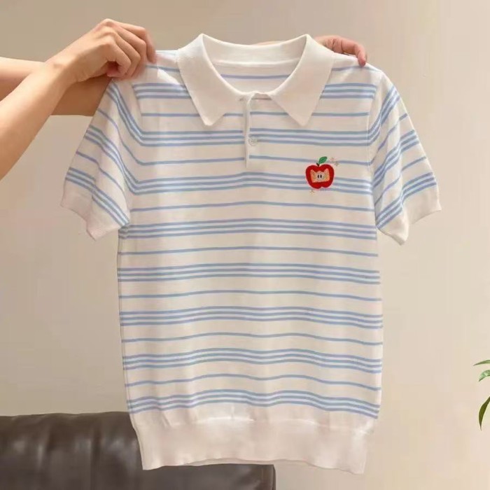 Áo thun POLO sọc xanh trắng phong cách Hàn Quốc áo thun ngắn tay ngắn tay đơn giản thời trang