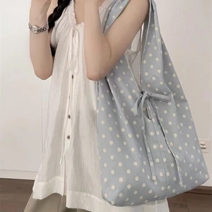 mùa xuân hè mới cotton và vải lanh chấm bi nơ ren túi đeo vai sức chứa lớn túi tote túi xách