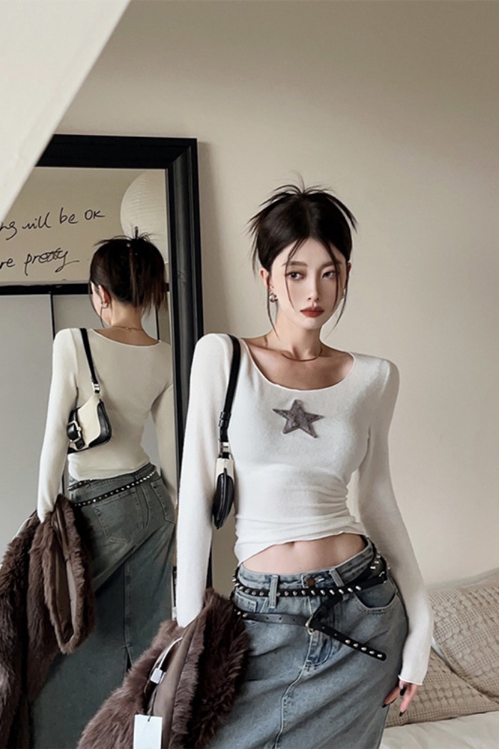 áo thun nữ mùa xuân thu mới phiên bản Hàn Quốc Pure Desire Star mặc bên trong ngắn hot girl áo đ