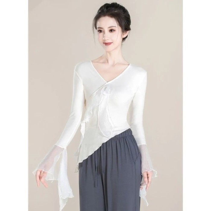 Áo thun dài tay khiêu vũ cổ điển dành cho nữ phong cách mới cao cấp giảm béo khí chất tập nhảy q