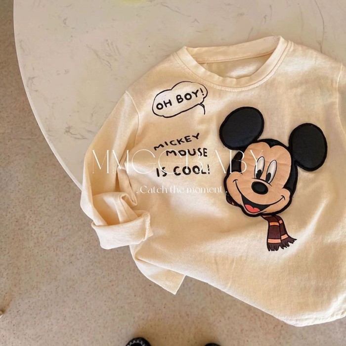 Áo thun cotton nguyên chất cho bé trai và bé gái, áo dài tay thêu miếng vá, hoạt hình Mickey,