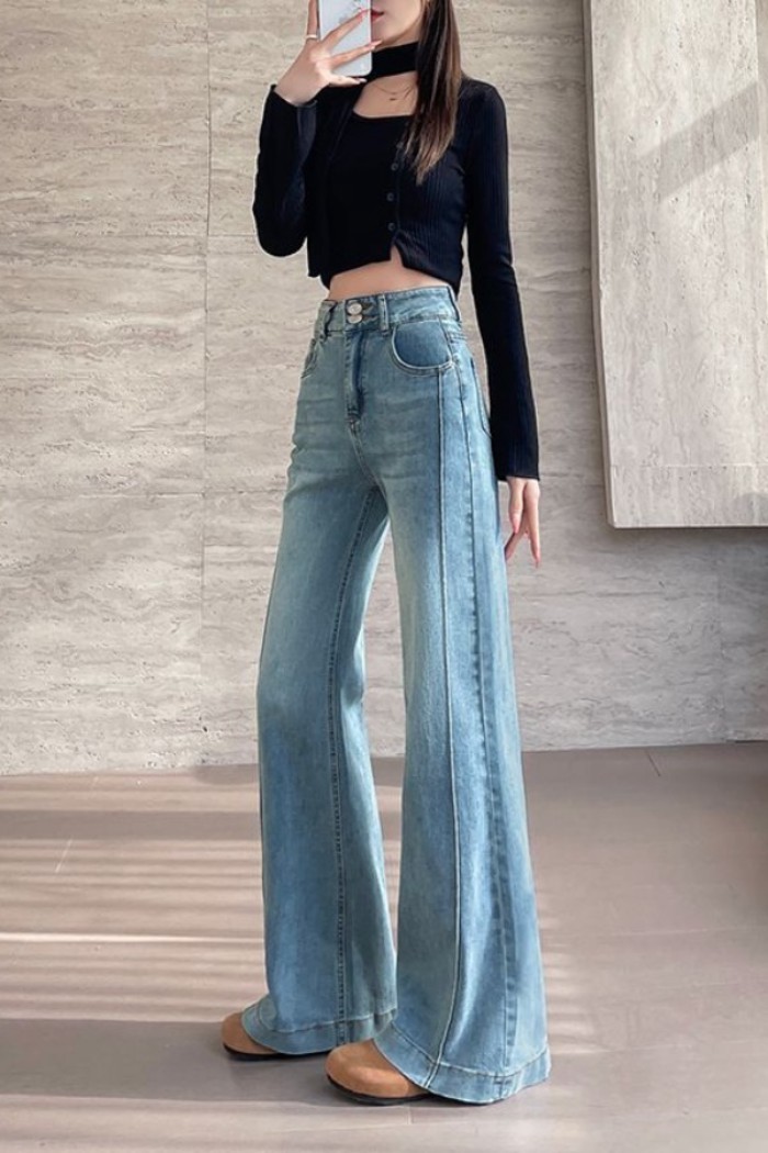 chiếc quần jeans bootcut màu xanh nhạt dành cho nữ mùa xuân thu mới lưng cao dáng rộng quần ống
