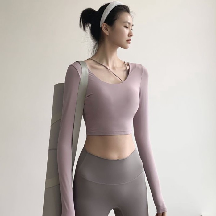 Bộ đồ tập yoga có đệm ngực, áo thun dài tay, lưng trễ nữ tính, giảm béo, tập gym, chạy bộ, áo ngắn