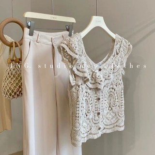 Áo không tay ngắn phong cách mùa hè mới có viền ruffle nhỏ thơm rỗng áo không tay ren móc dàn