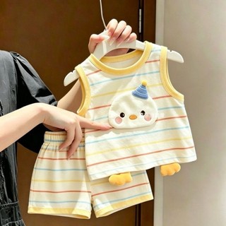 Trẻ Em Hoạt Hình Ba Chiều Sọc Mỏng Không Tay Áo Vest Quần Short Phù Hợp Với Phong Cách Phương
