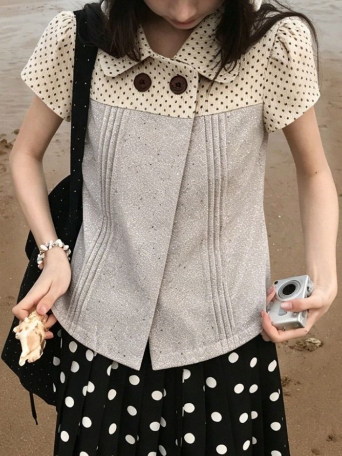 Áo sơ mi ngắn tay chấm bi nối mỏng và đa năng phong cách Hàn Quốc phối màu tương phản, áo kiể