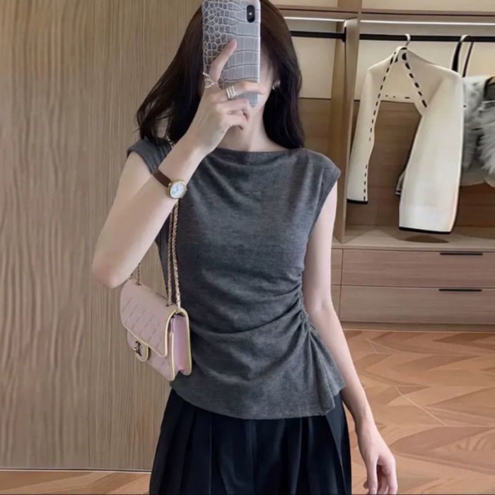 Áo thun ngắn tay ngắn tay xếp ly eo xếp li mùa hè dành cho nữ, áo kiểu dáng ôm vừa vặn thời trang