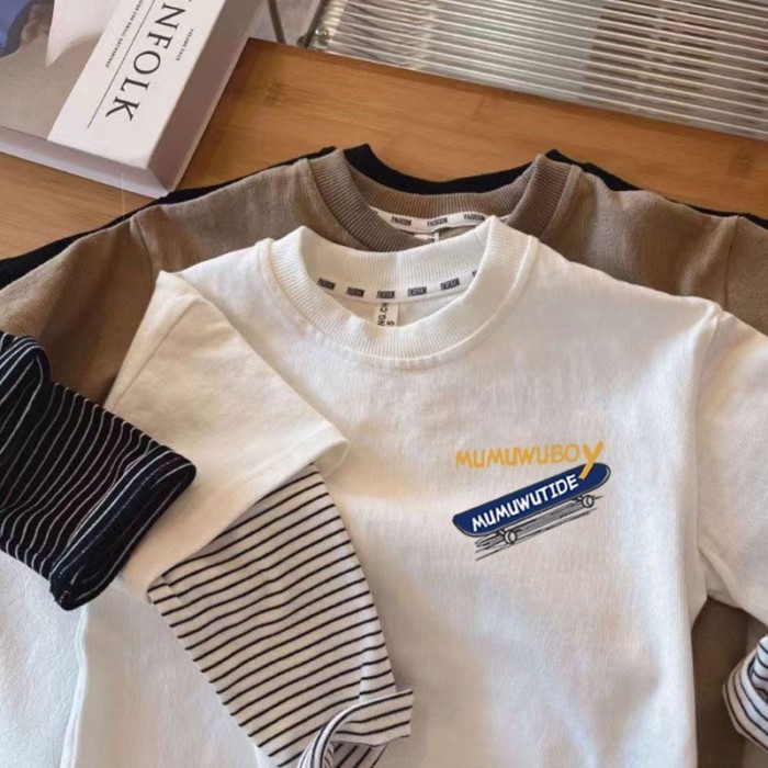 Chất liệu cotton nguyên chất trẻ em giả hai mảnh quần áo trẻ em xuân thu mới trẻ em đáy áo sơ