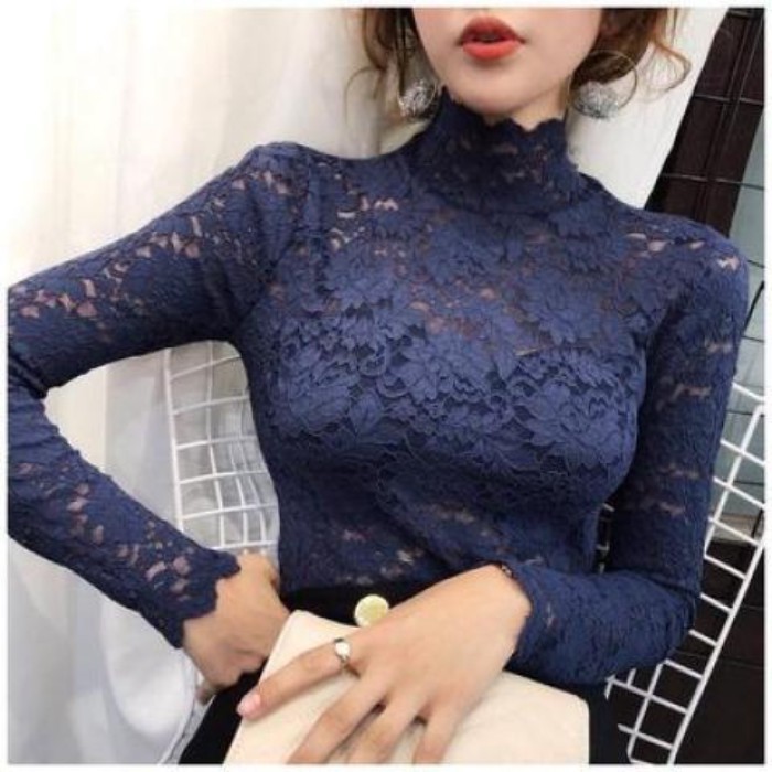 Áo ren cổ cao mới thu đông dành cho nữ với tay áo dài lưới rỗng màu đen