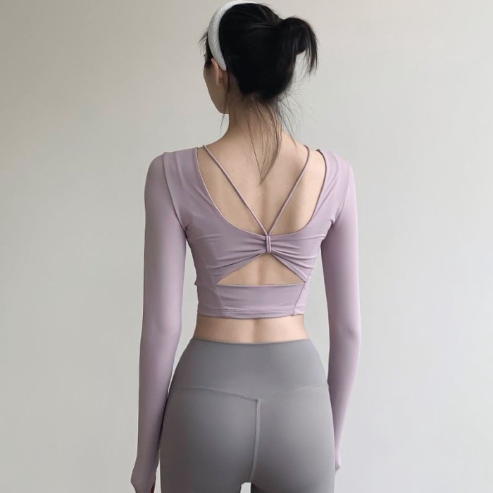 Bộ đồ tập yoga có đệm ngực, áo thun dài tay, lưng trễ nữ tính, giảm béo, tập gym, chạy bộ, áo ngắn