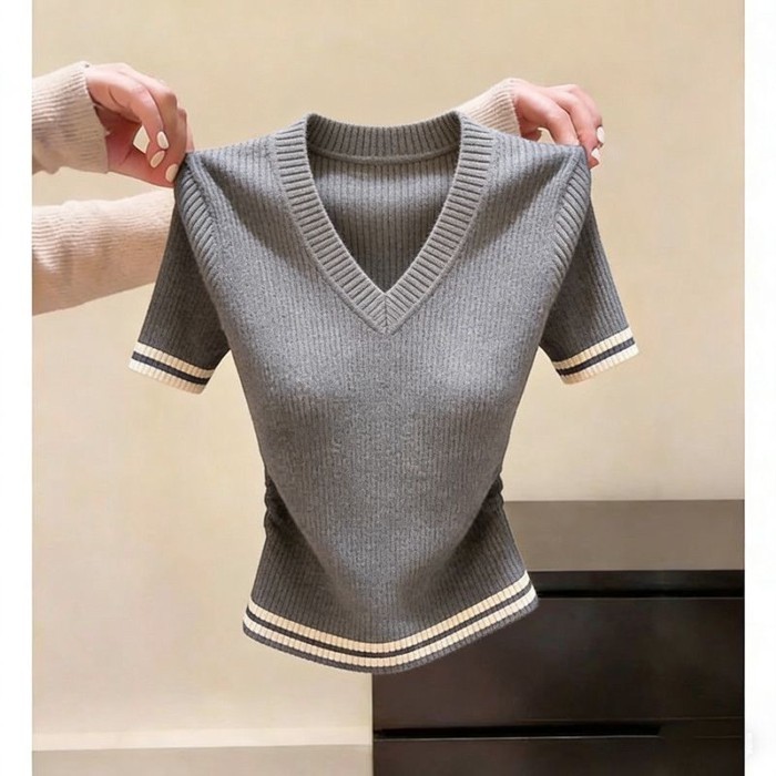 Áo len ngắn tay cổ chữ V thời trang retro sang trọng cho nữ mùa hè phong cách mới siêu đẹp sl