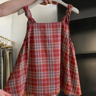 Retro niche kẻ sọc đỏ yếm trong mùa hè của phụ nữ mặc ngoài thời trang giảm tuổi Cổ Chữ V áo