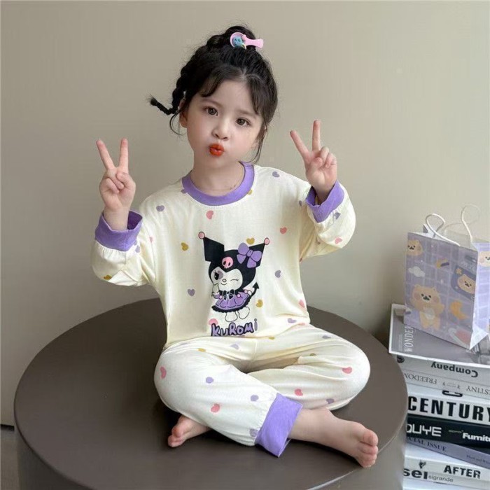 bộ đồ ngủ trẻ em xuân thu quần áo nhà mới hoạt hình Kurome chấm bi dài tay bộ đồ