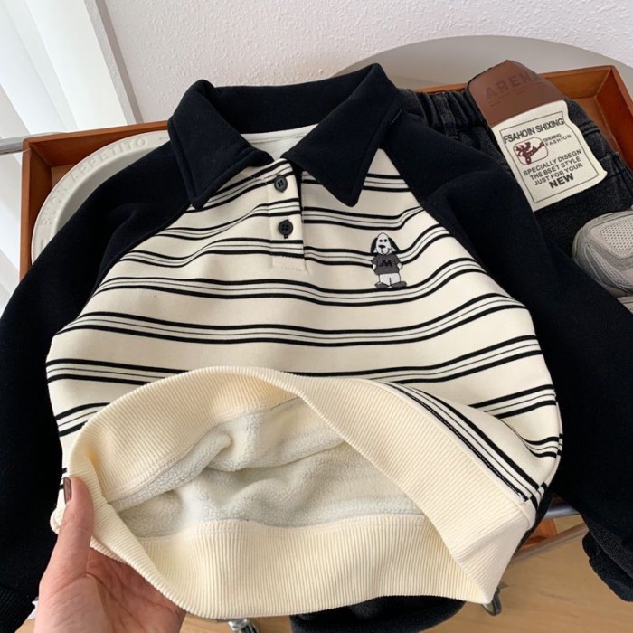 Áo sơ mi nhung sọc trẻ em POLO, áo len nhung một mảnh thu đông, áo raglan tay lỡ xinh xắn cho