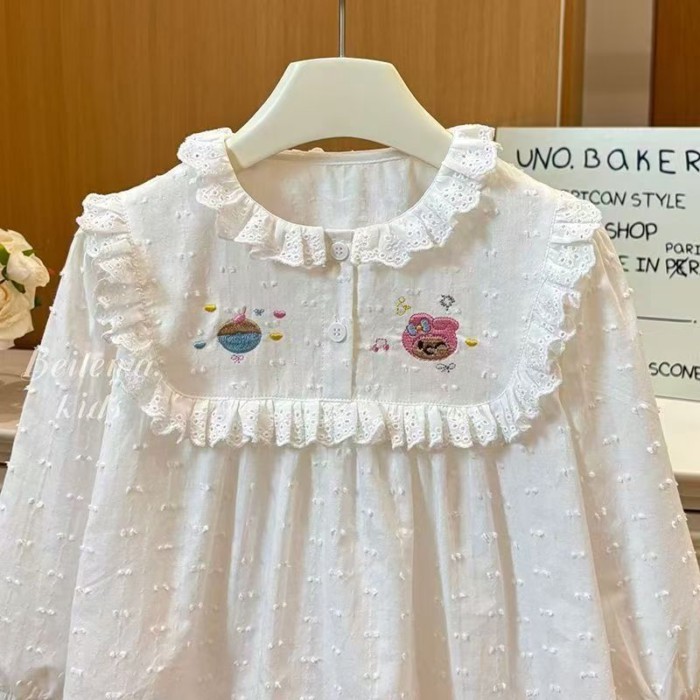 Nữ Mới Quần Áo Thu Đông Áo sơ mi thêu trắng đa năng Bé Gái Phong Cách Hàn Quốc Thời Trang Giản D