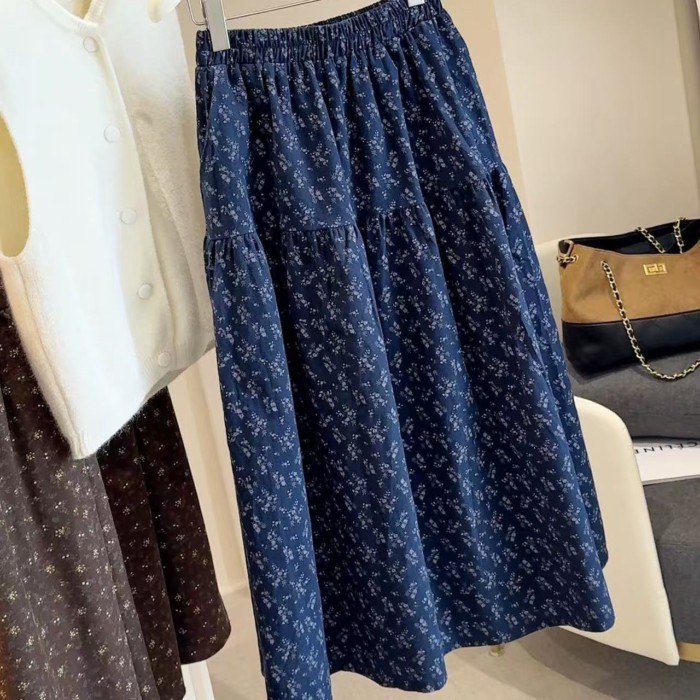 màu cà phê rừng nhẹ nhàng retro văn học váy hoa mùa thu đông mới cotton nguyên chất chải cao eo