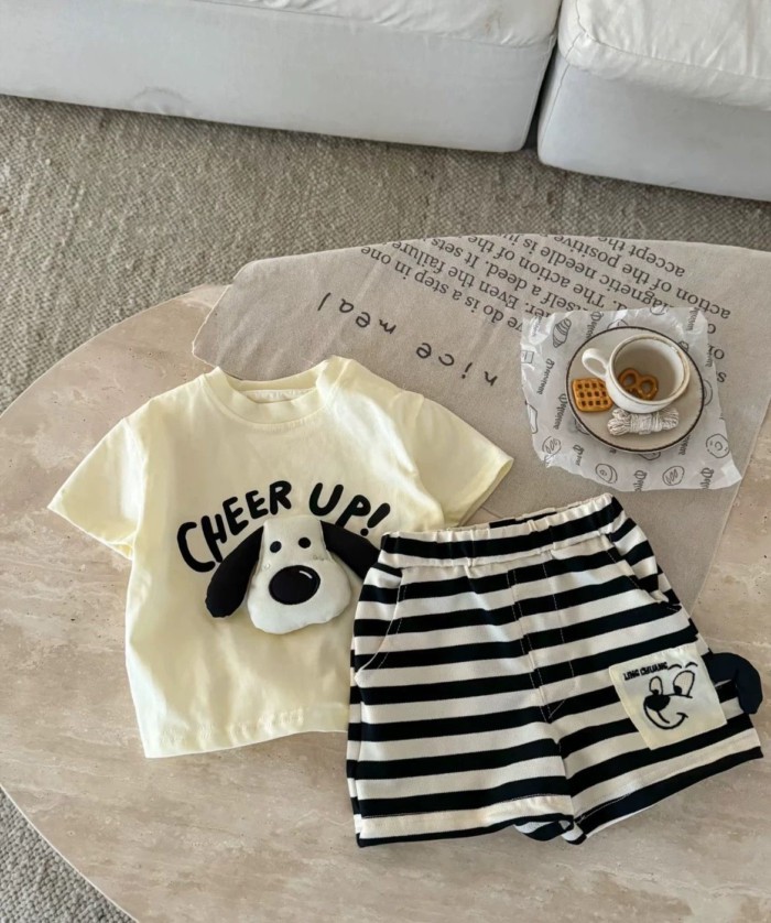 Bộ đồ bé trai và trẻ em ba chiều cún con mùa hè thời trang mới quần short ngắn tay in hình dễ