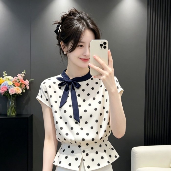 Áo sơ mi tay ngắn cổ tròn chấm bi nơ nữ phong cách Hàn Quốc, áo voan voan sang trọng và siêu
