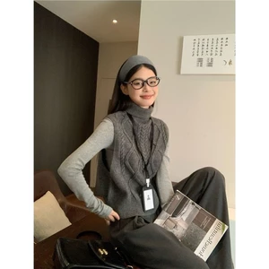 Áo vest dệt kim cổ cao màu xám đậm dành cho nữ, áo len vest phía trước và sau xếp lớp với áo khoác