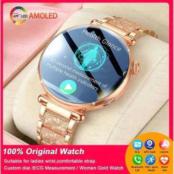Đồng nữ mới 1.32 inch, màn hình AMOLED, điện tâm đồ, theo dõi thể thao, đo huyết áp, kiểm tra khỏe, mặt AI, đồng hồ thô