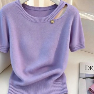 Áo len dệt kim màu tím độc đáo và đẹp mới giảm béo dopamin rỗng tay ngắn