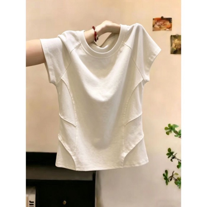 Lan ~ 95% Cotton Tinh Tế Phiên Bản Hàn Quốc Màu Trơn Xếp Ly Áo Thun Nữ Xuân Hè Phong Cách Mới Rời Ôm Hơn Nhìn Thời Trang Hàng Đầu Nữ