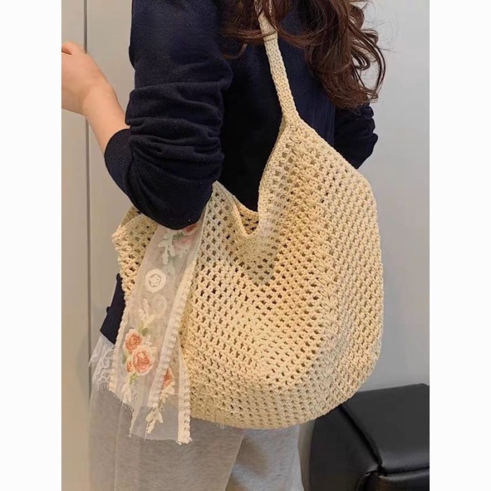 Túi đeo chéo nách phong cách lười biếng dành cho nữ mùa hè chất liệu cotton rỗng dung tích lớn