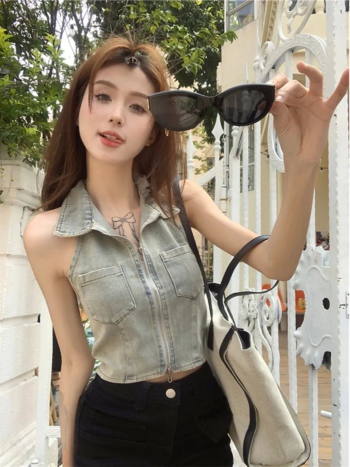 Hot Girl Pure Desire Top Ngắn Dây Kéo Denim Dây Cổ Áo Vest Nữ Hợp Thời Trang