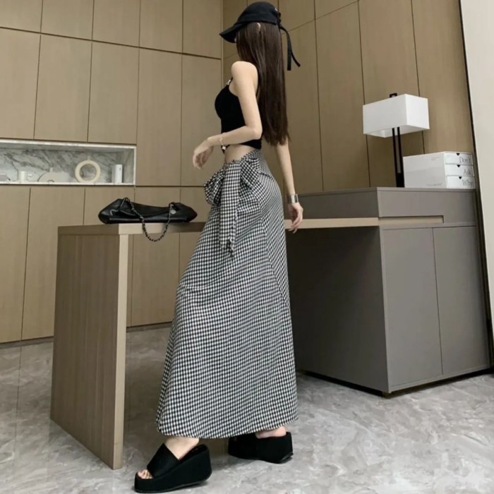 Váy dài kẻ sọc thắt lưng kiểu Pháp dài mùa hè khí chất mới váy dài