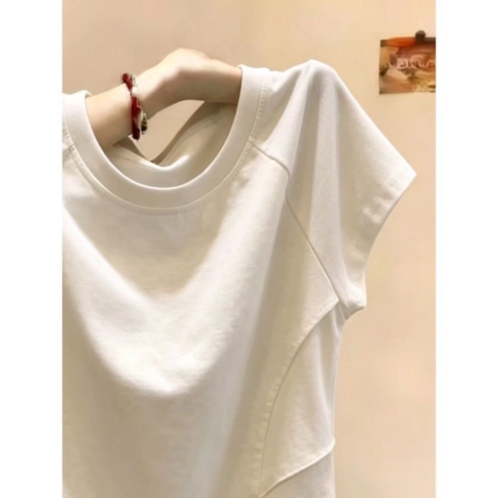 Lan ~ 95% Cotton Tinh Tế Phiên Bản Hàn Quốc Màu Trơn Xếp Ly Áo Thun Nữ Xuân Hè Phong Cách Mới Rời Ôm Hơn Nhìn Thời Trang Hàng Đầu Nữ